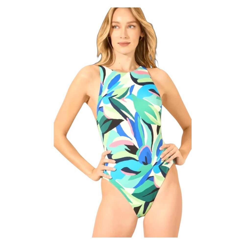Shade & Shore Women's Tropical Pique High Neck Full Coverage Swimsuit Sz L NWT